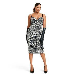 Sergio Hudson Size XXS Black & White Animal Print Bustier Sleeveless Midi Dress